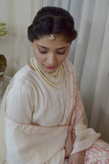 Shop Ahmev Ivory Modal, Silk Round Neck Ethereal Shoulder Sleeve Pleated Blouse Online at Aza Fashions Shop_Ahmev_Ivory Modal, Silk Round Neck Ethereal Shoulder Sleeve Pleated Blouse _Online_at_Aza_Fashions