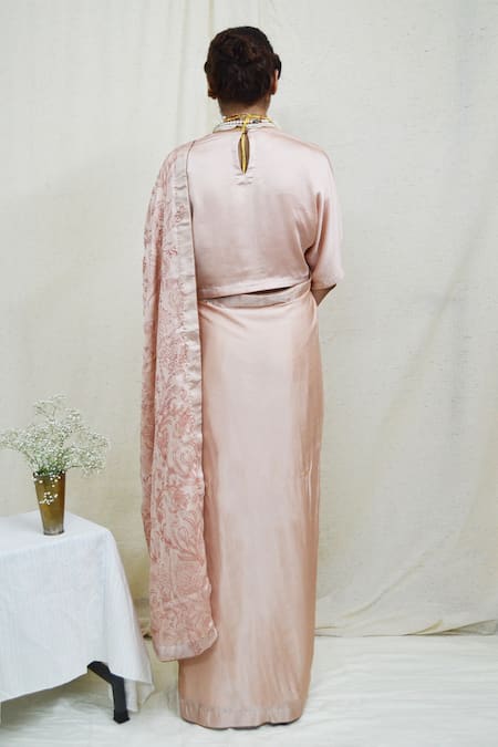 Shop_Ahmev_Peach Modal, Silk Embroidery Dreamy Floral Print Saree _at_Aza_Fashions