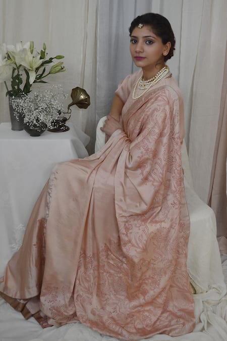 Ahmev_Peach Modal, Silk Embroidery Dreamy Floral Print Saree _Online_at_Aza_Fashions