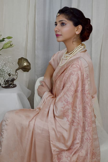 Buy_Ahmev_Peach Modal, Silk Embroidery Dreamy Floral Print Saree _Online_at_Aza_Fashions
