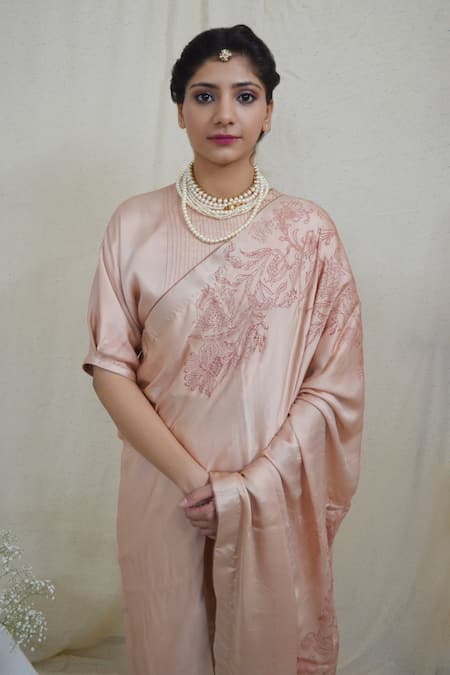 Shop_Ahmev_Peach Modal, Silk Embroidery Dreamy Floral Print Saree _Online_at_Aza_Fashions