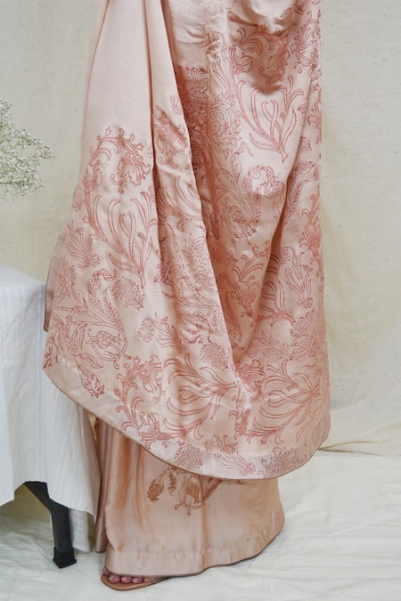 Ahmev_Peach Modal, Silk Embroidery Dreamy Floral Print Saree _at_Aza_Fashions