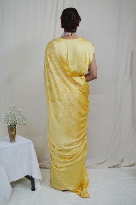 Shop Ahmev Yellow Modal, Silk Bold Floral Hand Block Print Saree at Aza Fashions Shop_Ahmev_Yellow Modal, Silk Bold Floral Hand Block Print Saree _at_Aza_Fashions