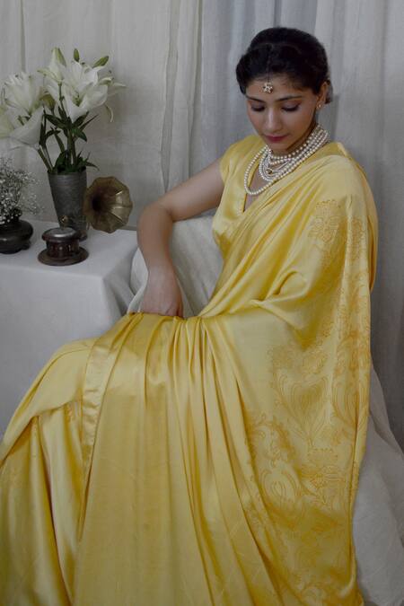 Buy Ahmev Yellow Modal, Silk Bold Floral Hand Block Print Saree Online at Aza Fashions Buy_Ahmev_Yellow Modal, Silk Bold Floral Hand Block Print Saree _Online_at_Aza_Fashions