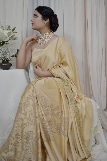 Ahmev Beige Modal, Silk Embroidery Timeless Flower Hand Block Print Saree Online at Aza Fashions Ahmev_Beige Modal, Silk Embroidery Timeless Flower Hand Block Print Saree _Online_at_Aza_Fashions