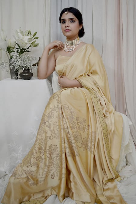 Buy Ahmev Beige Modal, Silk Embroidery Timeless Flower Hand Block Print Saree Online at Aza Fashions Buy_Ahmev_Beige Modal, Silk Embroidery Timeless Flower Hand Block Print Saree _Online_at_Aza_Fashions