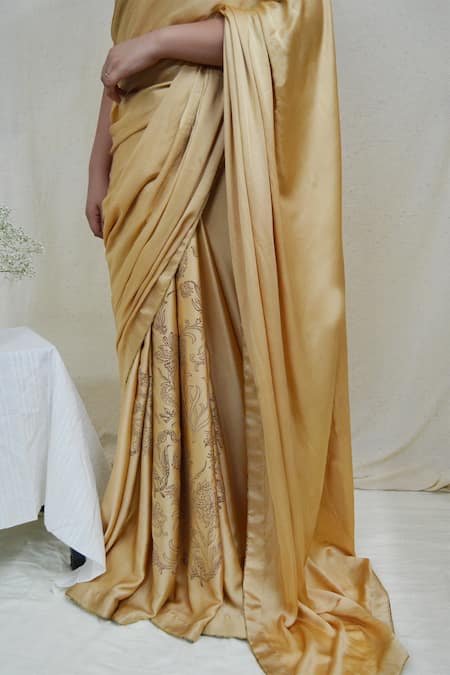 Shop Ahmev Beige Modal, Silk Embroidery Timeless Flower Hand Block Print Saree Online at Aza Fashions Shop_Ahmev_Beige Modal, Silk Embroidery Timeless Flower Hand Block Print Saree _Online_at_Aza_Fashions