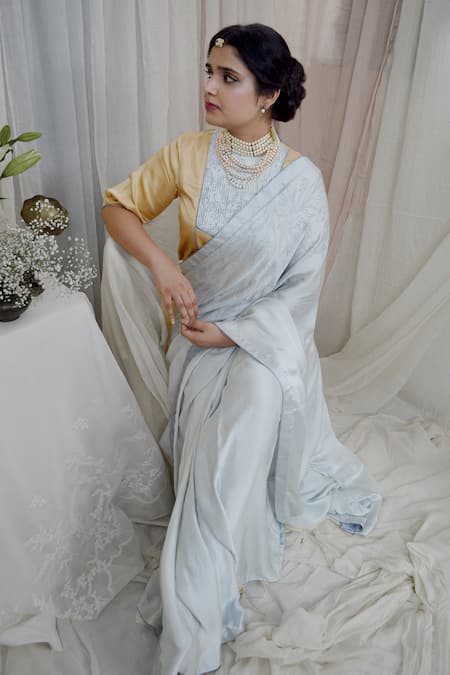 Shop Ahmev Blue Modal, Silk Embroidery Classy Hand Block Printed Saree at Aza Fashions Shop_Ahmev_Blue Modal, Silk Embroidery Classy Hand Block Printed Saree _at_Aza_Fashions