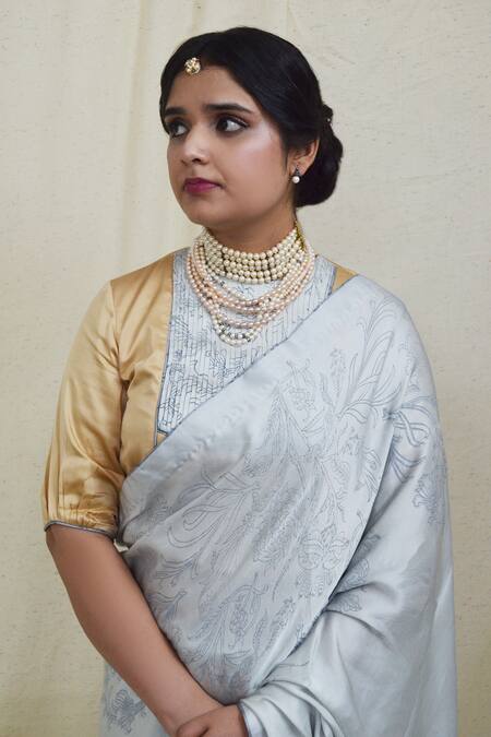 Buy Ahmev Blue Modal, Silk Embroidery Classy Hand Block Printed Saree Online at Aza Fashions Buy_Ahmev_Blue Modal, Silk Embroidery Classy Hand Block Printed Saree _Online_at_Aza_Fashions