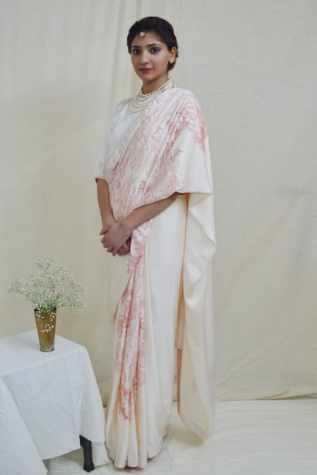 Shop Ahmev Ivory Modal, Silk Embroidery Intricate Floral Hand Block Print Saree at Aza Fashions Shop_Ahmev_Ivory Modal, Silk Embroidery Intricate Floral Hand Block Print Saree _at_Aza_Fashions