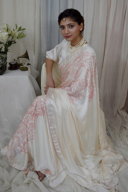 Ahmev Ivory Modal, Silk Embroidery Intricate Floral Hand Block Print Saree Online at Aza Fashions Ahmev_Ivory Modal, Silk Embroidery Intricate Floral Hand Block Print Saree _Online_at_Aza_Fashions