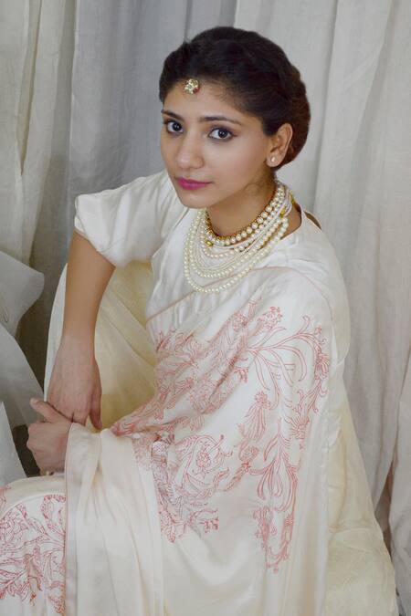 Buy Ahmev Ivory Modal, Silk Embroidery Intricate Floral Hand Block Print Saree Online at Aza Fashions Buy_Ahmev_Ivory Modal, Silk Embroidery Intricate Floral Hand Block Print Saree _Online_at_Aza_Fashions