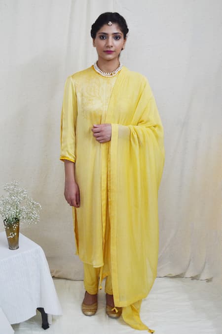 Ahmev Yellow Modal, Silk Embroidery Round Neck Regal Floral Print Kurta Set 