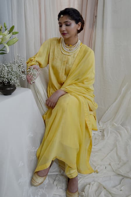 Shop Ahmev Yellow Modal, Silk Embroidery Round Neck Regal Floral Print Kurta Set at Aza Fashions Shop_Ahmev_Yellow Modal, Silk Embroidery Round Neck Regal Floral Print Kurta Set _at_Aza_Fashions
