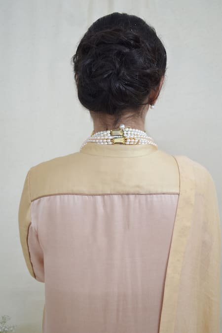 Shop Ahmev Beige Modal, Silk Mandarin Collar Polished Straight Kurta Set at Aza Fashions Shop_Ahmev_Beige Modal, Silk Mandarin Collar Polished Straight Kurta Set _at_Aza_Fashions