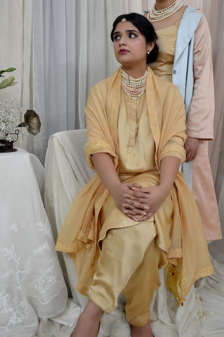Ahmev Beige Modal, Silk Mandarin Collar Polished Straight Kurta Set Online at Aza Fashions Ahmev_Beige Modal, Silk Mandarin Collar Polished Straight Kurta Set _Online_at_Aza_Fashions
