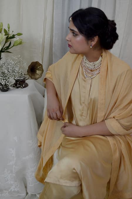 Shop Ahmev Beige Modal, Silk Mandarin Collar Polished Straight Kurta Set Online at Aza Fashions Shop_Ahmev_Beige Modal, Silk Mandarin Collar Polished Straight Kurta Set _Online_at_Aza_Fashions