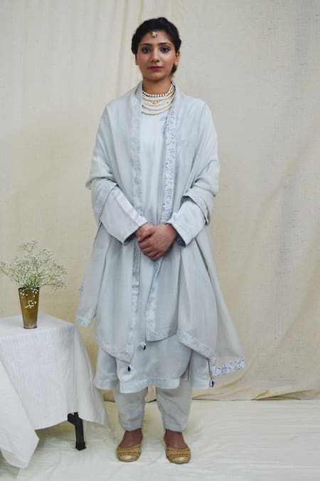 Ahmev Blue Modal, Silk Embroidery Round Neck Elegant A-line Printed Kurta Set 