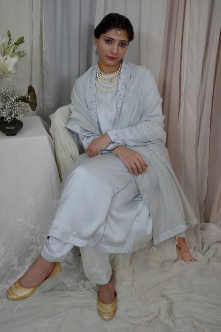 Ahmev Blue Modal, Silk Embroidery Round Neck Elegant A-line Printed Kurta Set Online at Aza Fashions Ahmev_Blue Modal, Silk Embroidery Round Neck Elegant A-line Printed Kurta Set _Online_at_Aza_Fashions