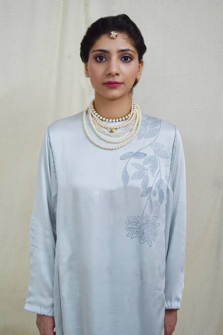 Shop Ahmev Blue Modal, Silk Embroidery Round Neck Elegant A-line Printed Kurta Set Online at Aza Fashions Shop_Ahmev_Blue Modal, Silk Embroidery Round Neck Elegant A-line Printed Kurta Set _Online_at_Aza_Fashions