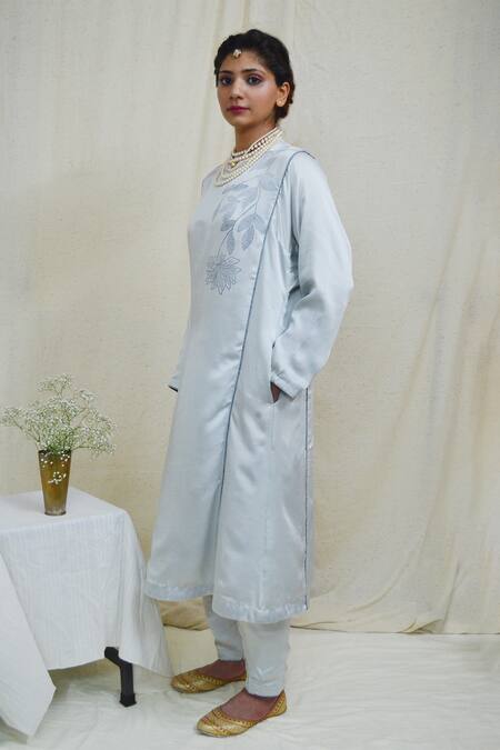 Ahmev Blue Modal, Silk Embroidery Round Neck Elegant A-line Printed Kurta Set at Aza Fashions Ahmev_Blue Modal, Silk Embroidery Round Neck Elegant A-line Printed Kurta Set _at_Aza_Fashions