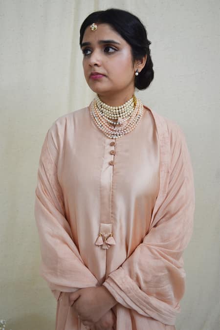 Shop Ahmev Peach Modal, Silk Bandeau Neck Classy Hand Block Printed Kurta Set Online at Aza Fashions Shop_Ahmev_Peach Modal, Silk Bandeau Neck Classy Hand Block Printed Kurta Set _Online_at_Aza_Fashions