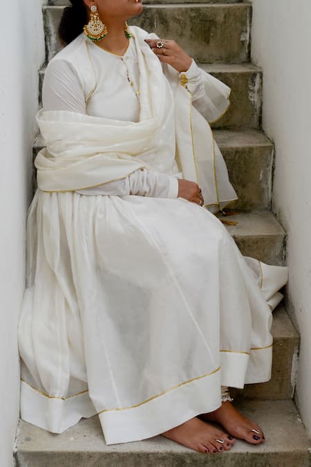 Ahmev_Ivory Chanderi Lace, Beads Keyhole Neck Embellished Anarkali Set _Online_at_Aza_Fashions