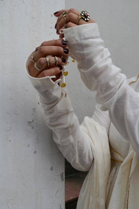 Ahmev_Ivory Chanderi Lace, Beads Keyhole Neck Embellished Anarkali Set _at_Aza_Fashions