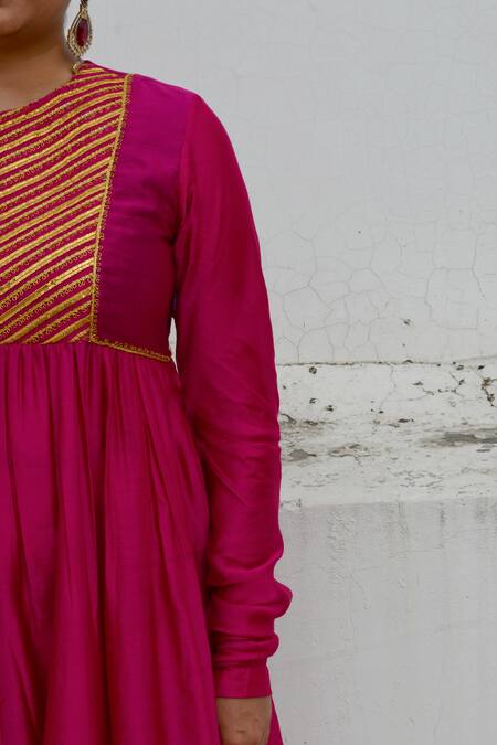 Buy_Ahmev_Fuchsia Chanderi Lace, Beads, Tassels V-neck Kyra Yoke Embellished Anarkali Set _Online_at_Aza_Fashions