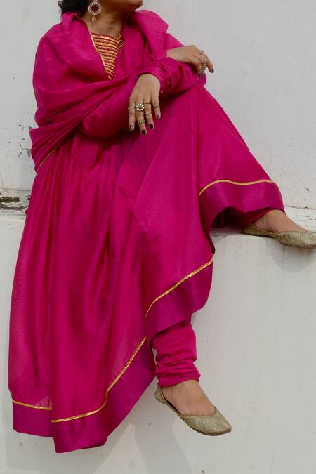 Shop_Ahmev_Fuchsia Chanderi Lace, Beads, Tassels V-neck Kyra Yoke Embellished Anarkali Set _Online_at_Aza_Fashions