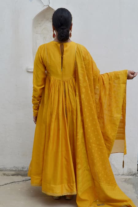 Shop_Ahmev_Yellow Chanderi Lace, Embroidery Round Neck Amara Pintuck Anarkali Set _at_Aza_Fashions