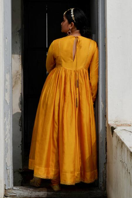 Ahmev_Yellow Chanderi Lace, Embroidery Round Neck Amara Pintuck Anarkali Set _Online_at_Aza_Fashions