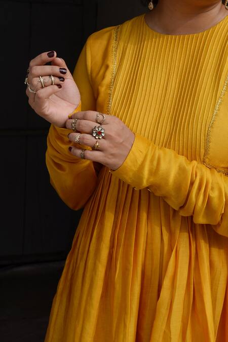 Buy_Ahmev_Yellow Chanderi Lace, Embroidery Round Neck Amara Pintuck Anarkali Set _Online_at_Aza_Fashions