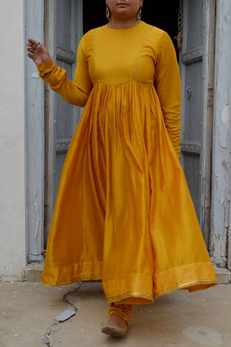 Shop_Ahmev_Yellow Chanderi Lace, Embroidery Round Neck Amara Pintuck Anarkali Set _Online_at_Aza_Fashions