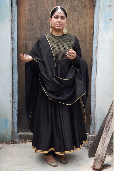 Ahmev Black Chanderi Lace, Tassels Round Neck Saanjh Quilted Pattern Anarkali Set 