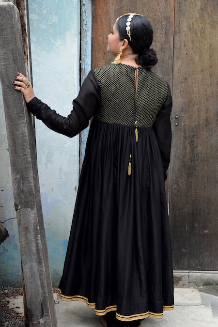 Shop_Ahmev_Black Chanderi Lace, Tassels Round Neck Saanjh Quilted Pattern Anarkali Set _at_Aza_Fashions