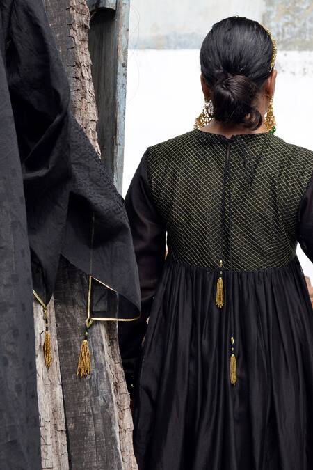 Shop_Ahmev_Black Chanderi Lace, Tassels Round Neck Saanjh Quilted Pattern Anarkali Set _Online_at_Aza_Fashions