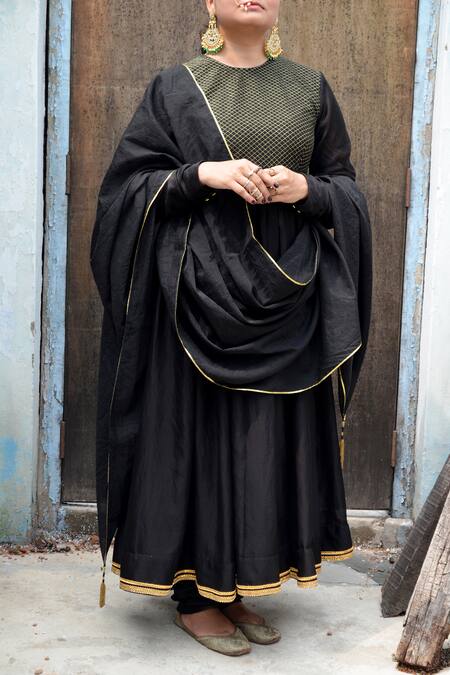 Ahmev_Black Chanderi Lace, Tassels Round Neck Saanjh Quilted Pattern Anarkali Set _at_Aza_Fashions