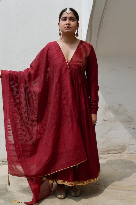 Ahmev Wine Chanderi Lace, Tassels Plunge Neck Aria Pintuck Yoke Anarkali Set 