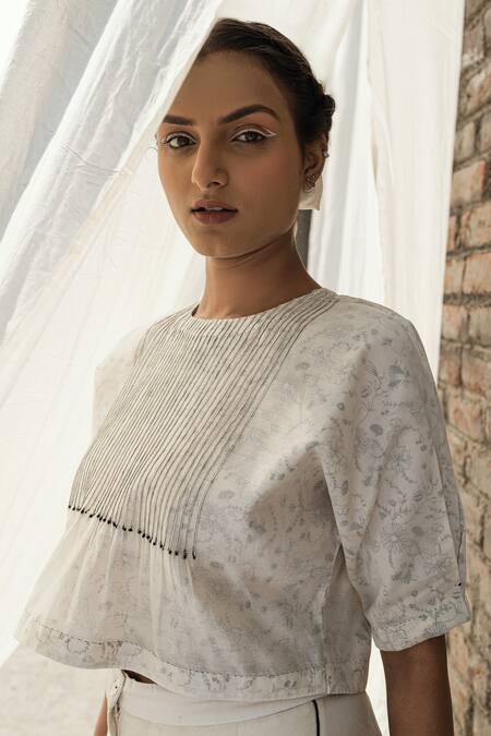 Ahmev Ivory Chanderi Embroidery Round Neck Olearia Floral Print Blouse Online at Aza Fashions Ahmev_Ivory Chanderi Embroidery Round Neck Olearia Floral Print Blouse _Online_at_Aza_Fashions