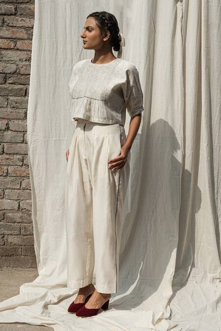 Buy Ahmev Ivory Chanderi Embroidery Round Neck Olearia Floral Print Blouse Online at Aza Fashions Buy_Ahmev_Ivory Chanderi Embroidery Round Neck Olearia Floral Print Blouse _Online_at_Aza_Fashions