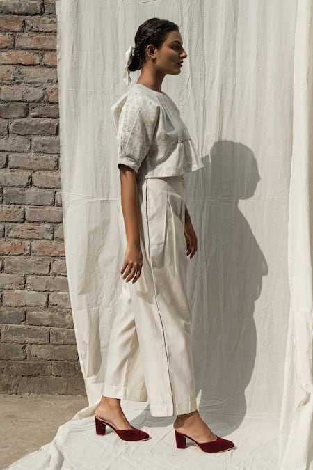 Shop Ahmev Ivory Chanderi Embroidery Round Neck Olearia Floral Print Blouse Online at Aza Fashions Shop_Ahmev_Ivory Chanderi Embroidery Round Neck Olearia Floral Print Blouse _Online_at_Aza_Fashions