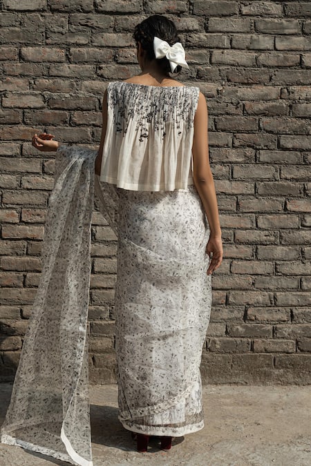 Shop Ahmev Ivory Chanderi Boat Neck Ilima Floral Print Pleated Top at Aza Fashions Shop_Ahmev_Ivory Chanderi Boat Neck Ilima Floral Print Pleated Top _at_Aza_Fashions