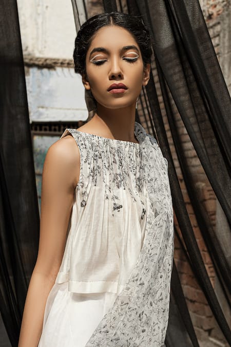 Ahmev Ivory Chanderi Boat Neck Ilima Floral Print Pleated Top Online at Aza Fashions Ahmev_Ivory Chanderi Boat Neck Ilima Floral Print Pleated Top _Online_at_Aza_Fashions