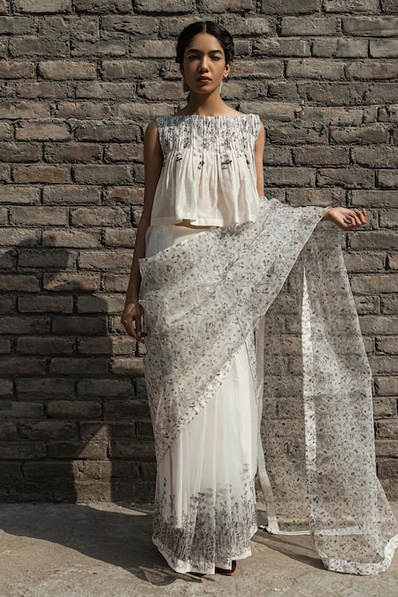 Buy Ahmev Ivory Chanderi Boat Neck Ilima Floral Print Pleated Top Online at Aza Fashions Buy_Ahmev_Ivory Chanderi Boat Neck Ilima Floral Print Pleated Top _Online_at_Aza_Fashions