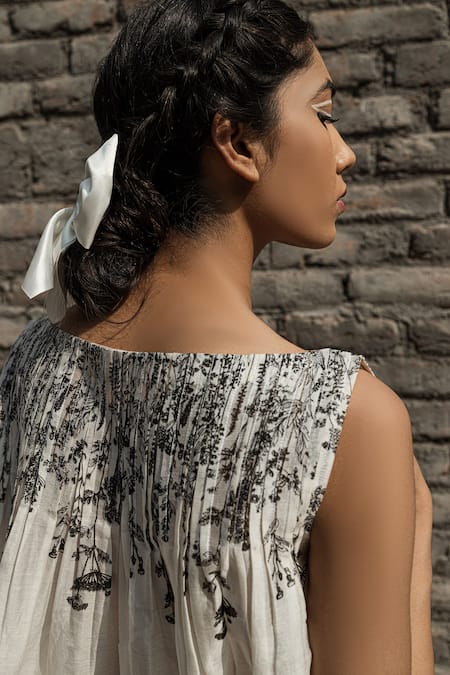 Shop Ahmev Ivory Chanderi Boat Neck Ilima Floral Print Pleated Top Online at Aza Fashions Shop_Ahmev_Ivory Chanderi Boat Neck Ilima Floral Print Pleated Top _Online_at_Aza_Fashions