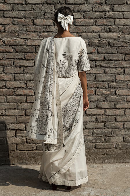 Shop Ahmev Ivory Chanderi Boat Neck Periwinkle Hand Block Print Top at Aza Fashions Shop_Ahmev_Ivory Chanderi Boat Neck Periwinkle Hand Block Print Top _at_Aza_Fashions