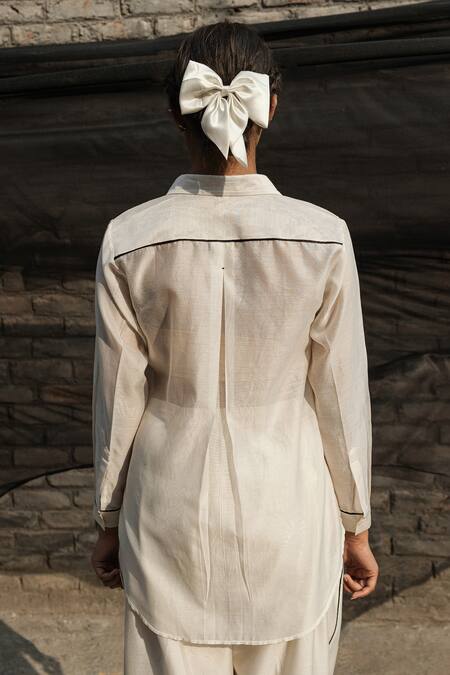 Shop Ahmev Ivory Chanderi Embroidery Collared Tape Embellished Shirt at Aza Fashions Shop_Ahmev_Ivory Chanderi Embroidery Collared Tape Embellished Shirt _at_Aza_Fashions