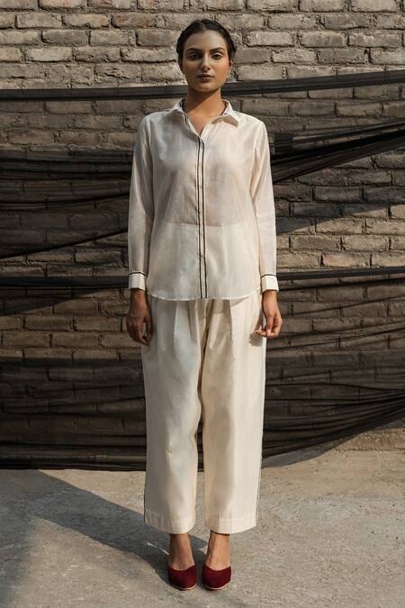 Ahmev Ivory Chanderi Embroidery Collared Tape Embellished Shirt Online at Aza Fashions Ahmev_Ivory Chanderi Embroidery Collared Tape Embellished Shirt _Online_at_Aza_Fashions