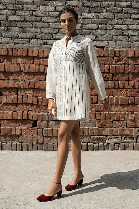 Ahmev Ivory Chanderi Embroidery Mandarin Collar Cosmos Floral Hand Block Print Shirt 